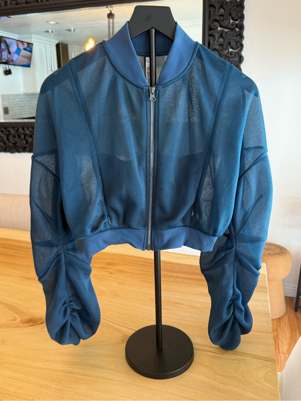 ALO Yoga Blue Sheer Bomber with Ruched Sleeves